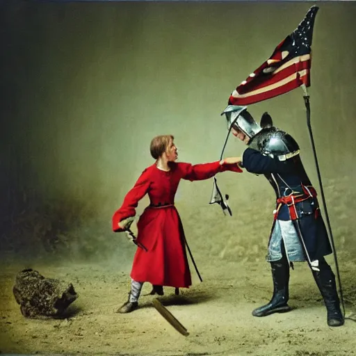 Image similar to Joan of Arc fighting an English Redcoat soldier, colour war photography by Annie Leibovitz