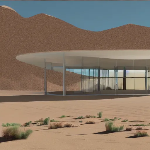 Image similar to architectural rendering of biophilia building in the desert, biomimetry shape, peaceful