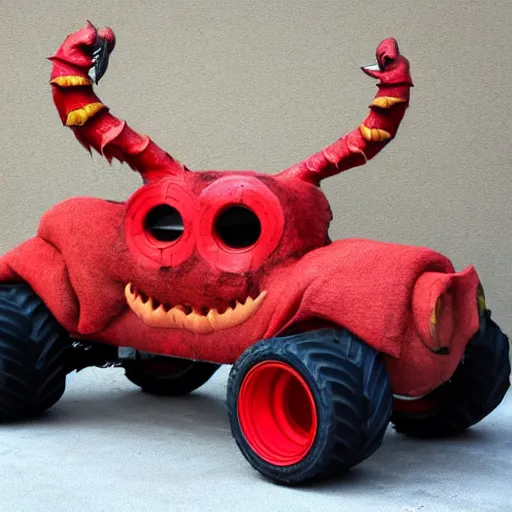 Image similar to A red dragon head as a monster truck