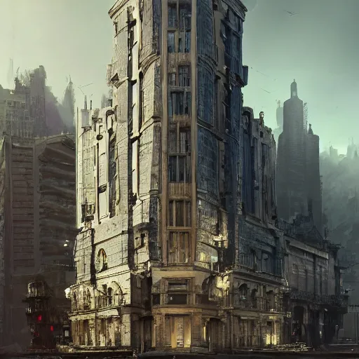 Image similar to very very detailed building made from complex robot parts, beautiful dynamic lighting, cinematic, wide angle establishing shot, extremely high detail, photo realistic, cinematic lighting, post processed, concept art, artstation, matte painting, style by eddie mendoza, raphael lacoste, alex ross, volumetric lighting, light rays, photorealistic, ultrarealistic, moody, coronarender, 8k