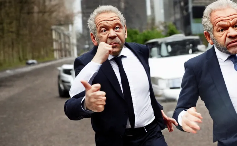 Image similar to alan sugar running in a confusing dream sequence. the apprentice