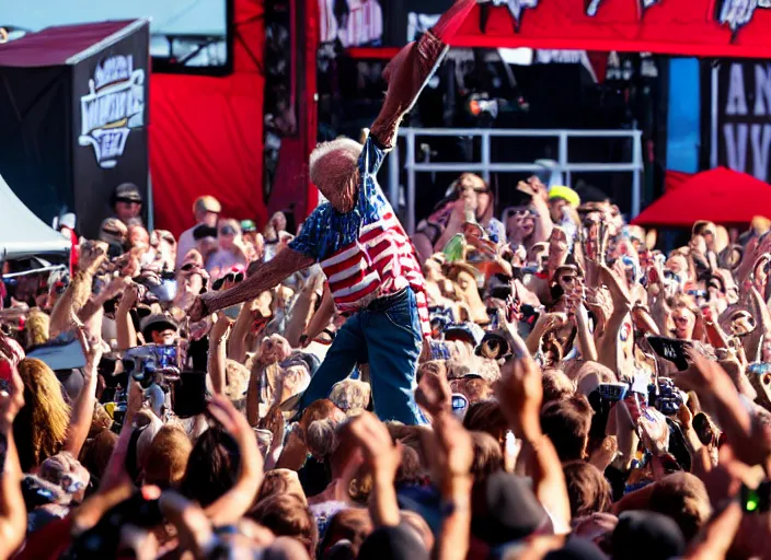 Image similar to photo still of clint eastwood on stage at vans warped tour!!!!!!!! at age 6 8 years old 6 8 years of age!!!!!!!! stage diving into the crowd, 8 k, 8 5 mm f 1. 8, studio lighting, rim light, right side key light