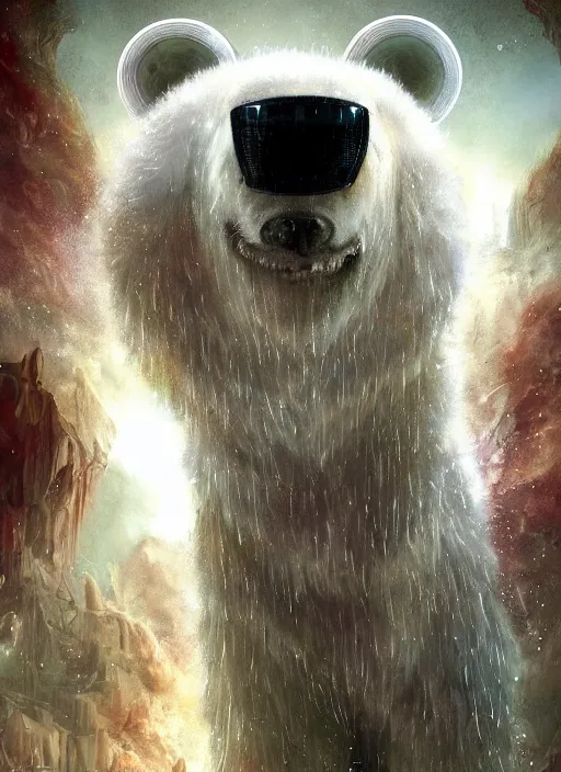 Image similar to white furry polar bear, steampunk googles, highly detailed, unreal engine 5, cinematic, 8 k, by megan duncanson, benjamin lacombe, adrian borda, stanley artgermm, tom bagshaw, craig mullins, carne griffiths, ayami kojima, beksinski, giger, trending on deviantart, hyper detailed, horror, full of colour