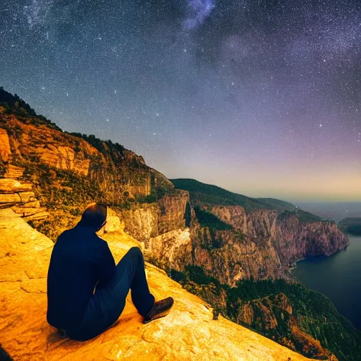 Image similar to man sitting on cliff looking at galaxy