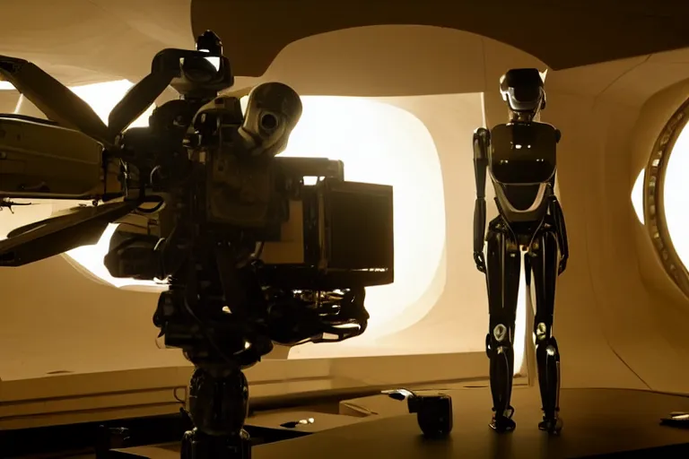 Prompt: vfx film, behind the scenes, on location, set design, making of, big film production, cinematographer filming futuristic tesla humanoid robots, high tech space ship interior, flat color profile low - key lighting award winning photography arri alexa cinematography, hyper real photorealistic cinematic, atmospheric cool colorgrade