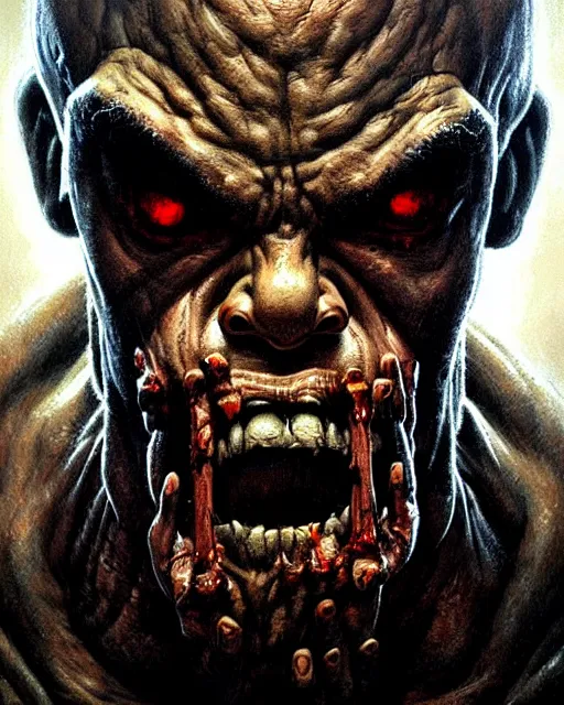 Image similar to doomfist from overwatch, rage, evil zombie, character portrait, portrait, close up, concept art, intricate details, highly detailed, horror poster, horror, vintage horror art, realistic, terrifying, in the style of michael whelan, beksinski, and gustave dore