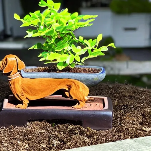 Image similar to Old wood dachshund with leaves, growing in a bonsai pot
