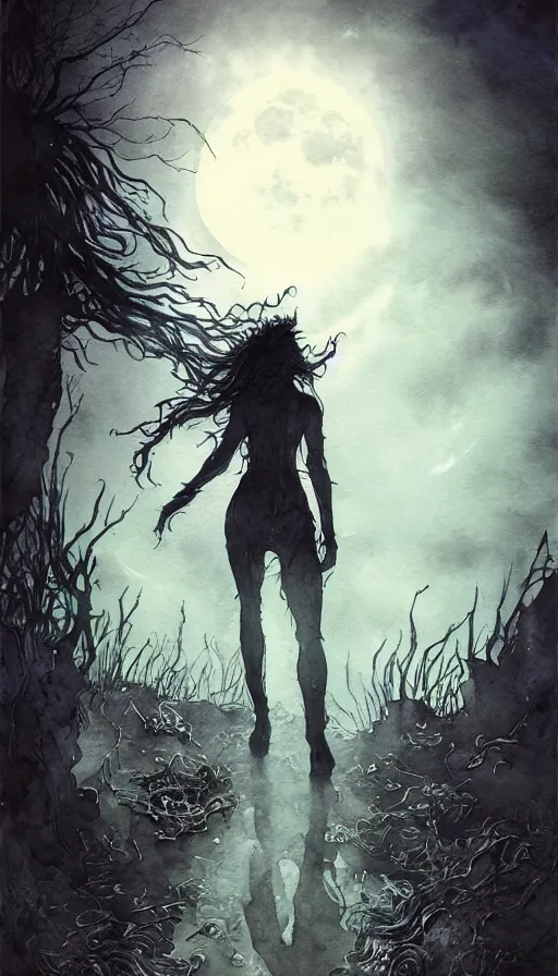 Image similar to book cover art, female dark witch from behind in front of the full big moon, watercolor, dramatic lighting, cinematic, establishing shot, extremely high detail, foto realistic, cinematic lighting, pen and ink, intricate line drawings, by Yoshitaka Amano, Ruan Jia, Kentaro Miura, Artgerm, post processed, concept art, artstation, matte painting, style by eddie mendoza, raphael lacoste, alex ross