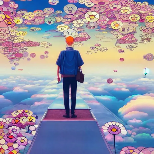 Image similar to a man walking on clouds away from the camera above kyoto by takashi murakami, beeple and james jean, aya takano color style, 4 k, super detailed, modern, 4 k, symmetrical