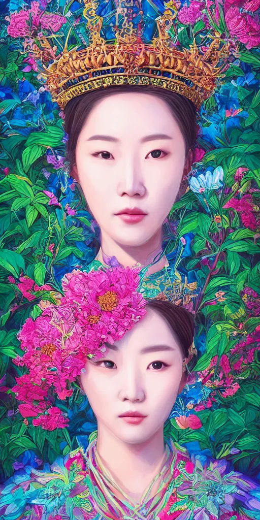 Image similar to highly detailed portrait of a korean queen, wearing a crown of flowers by roger dean and alena aenami