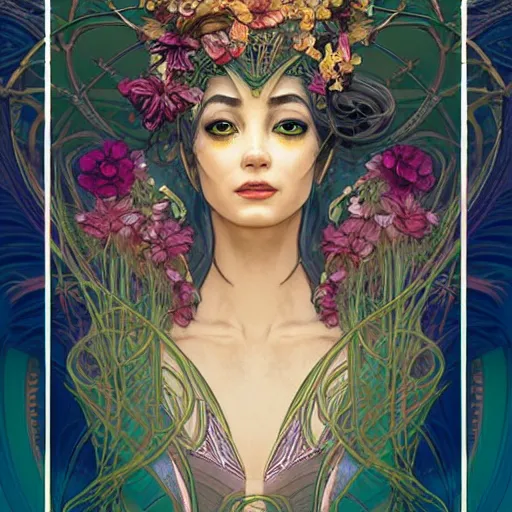 Prompt: face portrait of an egyptian beautiful mysterious fairy with flowery tall headgear, without hands, by eve ventrue, artgerm, thomas kinkade, hayao miyazaki. art nouveau. tarot card by mucha. gloomhaven. swirly intricate linework background. gaudy colors, sharp edges. octane render