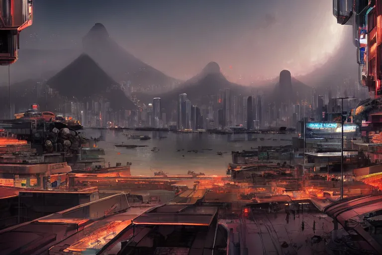 Image similar to futuristic oriental robotic rio de janeiro jerusalem hong kong city, long shot cinematic epic lighting concept art wide shot digital art trending on artstation 4 k extremely detailed cinematic realistic evening time, contrast dusk vegetation water futuristic suburbs by greg rutkowski martin ansin john blanche alejandro burdisio, photographed by victor enrich