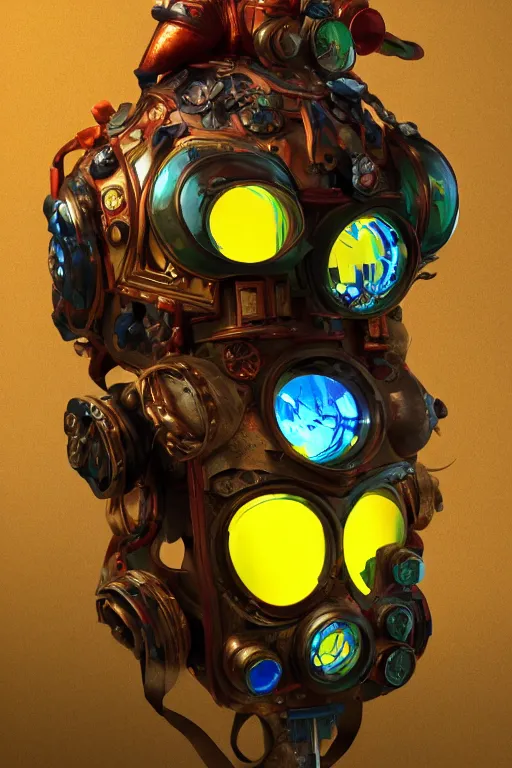 Image similar to colorful vivid steampunk mask minimalist fantasy art robot ninja helmet, global illumination ray tracing hdr fanart arstation by sung choi and eric pfeiffer and gabriel garza and casper konefal