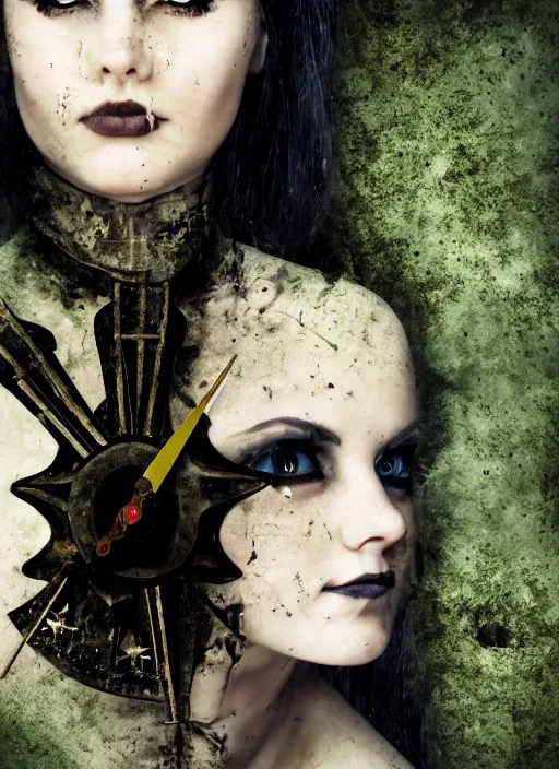 Prompt: a high detail portrait of a pretty huntress dress black clock has white hair and green eyes in the battlefield, Low contrast, abandoned, shining star, traveller, raining, mist, goth by Wolp