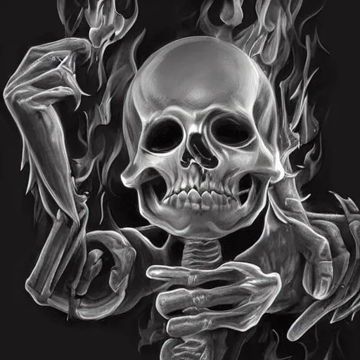 Prompt: grayscale art of skeletons on fire