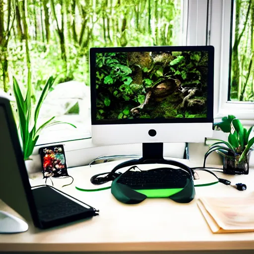 Prompt: frog livestreaming behind its computer to twitch, while sitting on a throne in a beautiful forest