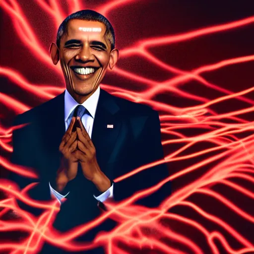 Prompt: Obama in fighting stance, glowing red aura around obama, smiling, 40nm, shallow depth of field, split lighting, 4k,