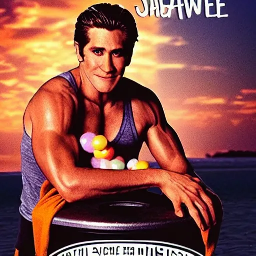 Image similar to a movie poster of Jake Gyllenhaal as patrick Swayze sitting in a hot tub in the movie Road House