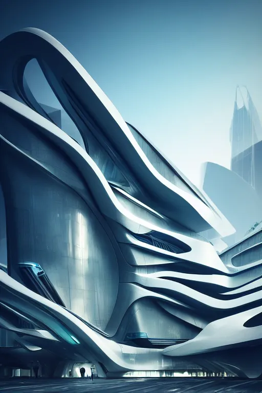 Image similar to a futuristic scene in front of a zaha hadid building, cinematic matte painting, extreme detail photo quality, dark moody colors, featured on behance