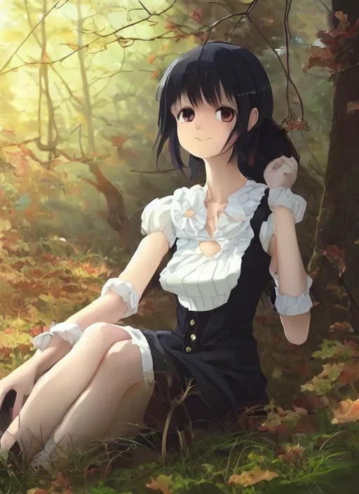 Prompt: a close up of a victorian maid with black bob hairstyle sitting in a forest. cute anime eyes. by makoto shinkai, stanley artgerm lau, wlop, rossdraws, james jean, andrei riabovitchev, marc simonetti, krenz cushart, sakimichan, trending on artstation, digital art.