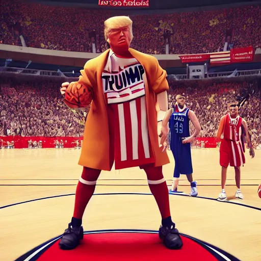 Image similar to Donald Trump with basketball players body, realistic artstyle, wide shot, dramatic lighting, octane render, hyperrealistic, high quality, highly detailed, HD, beautiful, cinematic, 8k, unreal engine, facial accuracy, symmetrical