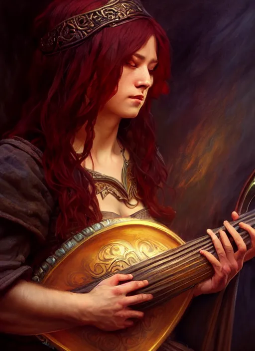 Image similar to bard playing lute, full body, hyper realistic, extremely detailed, dnd character art portrait, dark fantasy art, intricate fantasy painting, dramatic lighting, vivid colors, deviantart, artstation, by clyde caldwell and krenz cushart and artem demura and john williams waterhouse