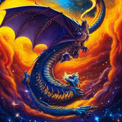 Image similar to A beautiful performance art of a dragon in space by Justin Gerard. The dragon is in the foreground with its mouth open, revealing rows of sharp teeth. Its body is coiled and ready to strike, and its tail is wrapped around a star in the background. The colors are bright and the background is full of stars and galaxies. The overall effect is one of chaotic energy and movement. french rose by Peter Wileman, by Raphael Lacoste elaborate