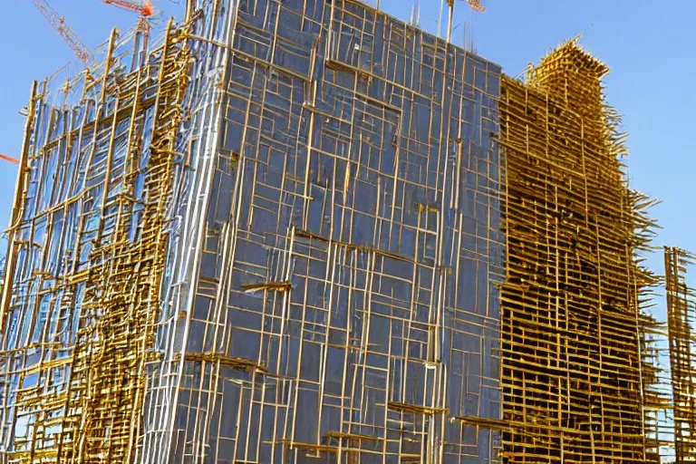 Prompt: a building, under construction, made of gold