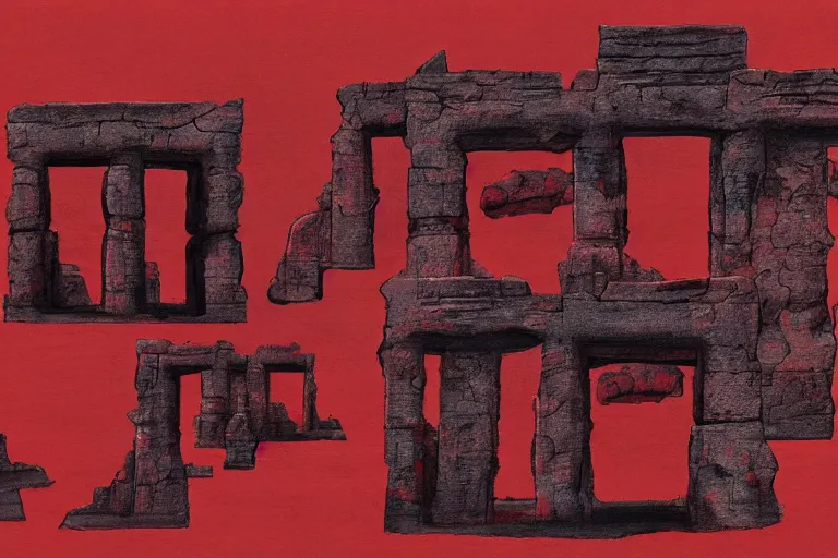 Prompt: ancient martian architecture, minimalistic red and ink airbrush painting on white background