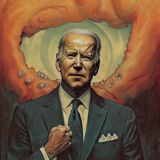 Image similar to terrifying, surreal portrait of joe biden standing up to his shoulders in turbulent, shadowy water by j. c. leyendecker, bosch, william blake, stephen gammell, jon mcnaughton, and beksinski