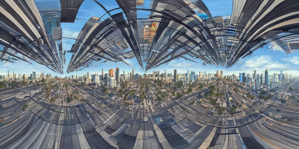 Image similar to equirectangular 360 vr modern urban street , highly detailed, photorealistic, reflections, smooth, sharp focus, concept art, illustration, beautiful, geometric, trending on artstation, cinematic, featured on behance , artwork by WLOP and Tran, Ross