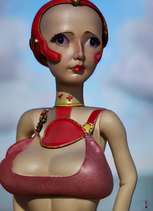 Image similar to closeup profile portrait of tin toy russian girl soviet test pilot, bikini, depth of field, zeiss lens, detailed, symmetrical, centered, fashion photoshoot, by nicoletta ceccoli, mark ryden, lostfish, breathtaking, 8 k resolution, extremely detailed, beautiful, establishing shot, artistic, hyperrealistic, octane render