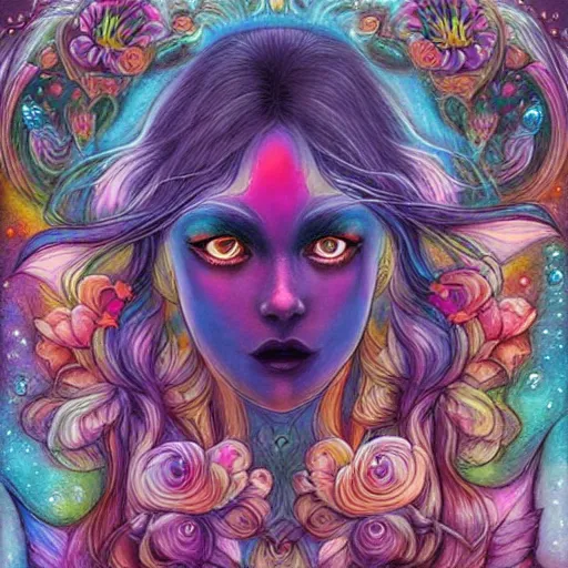 Prompt: Wolf goddess, lots of flowers, psychedelic, cosmic energy by Kelly McKernan,by Charlie Bowater, by Laura rubin, by yoshitaka amano, hiroshi yoshida, moebius, face by artgerm, inspired by dnd, bright pastel colors, sparkles️ iridescent aesthetic, detailed