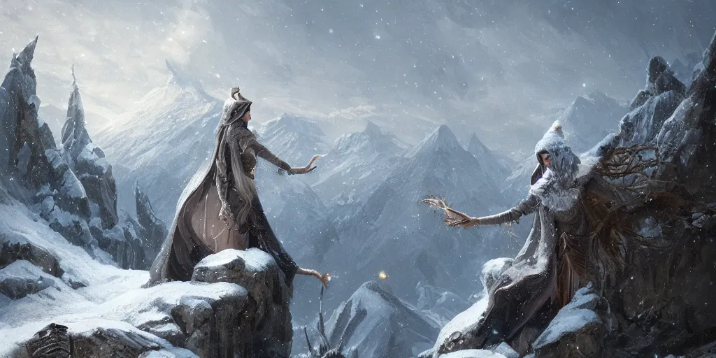 Prompt: a powerful sorceress casting a spell on a snowy mountain top, greg rutkowski, 8 k, shallow depth of field, intricate detail, concept art,