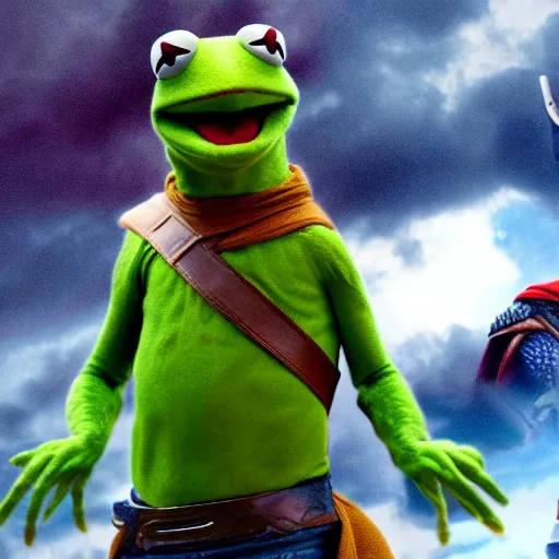 Image similar to photo of Kermit the frog as thor in averngers movie