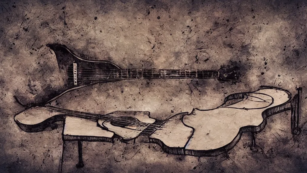 Prompt: a guitar and a piano in a distressing art style