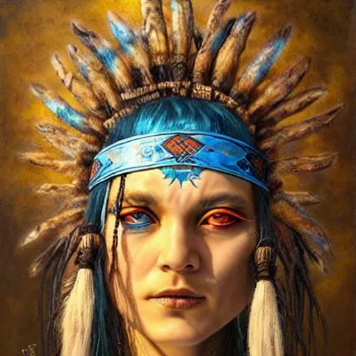 Image similar to A young blindfolded shaman woman with a decorated headband, in the style of heilung, blue hair dreadlocks and wood on her head., made by karol bak