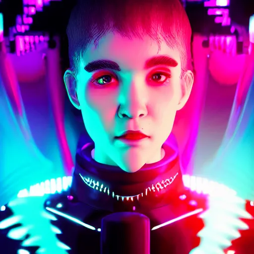 Prompt: grimes on stage dancing, volumetric neon lights in the background, gleaming, 3 5 mm photography, portrait!!!!!!, trending on artstation, 4 k, 8 k, zbrush, mannerism