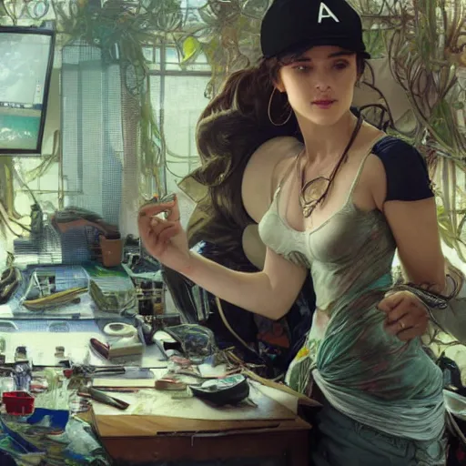 Image similar to a computer graphics artist with a ballcap in a messy room at the computer animating, ultra realistic, concept art, intricate details, serious, highly detailed, photorealistic, octane render, 8 k, unreal engine. art by artgerm and greg rutk owski and alphonse mucha