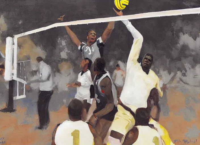 Image similar to a highly detailed beautiful portrait of notorious big playing voleyball, by gregory manchess, james gurney, james jean