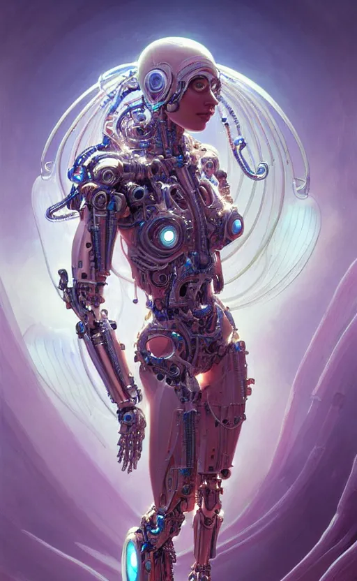 Prompt: Cyborg biomechanical jellyfish angel girl, sci-fi, highly detailed, digital painting, artstation, concept art, smooth, sharp focus, illustration, art by artgerm and greg rutkowski and alphonse mucha