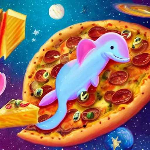 Image similar to highly detailed concept art in of a happy little pink dolphin flying through space eating pizza and cheese, where the planets are candy, hd, trending on artstation