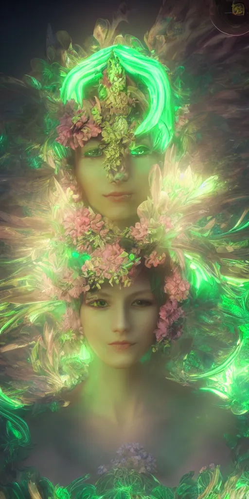 Prompt: flower goddes, concept character, beautiful, stunning, green mist, radiating power, energy, god rays, luminescence, fractal, unreal engine, 8k