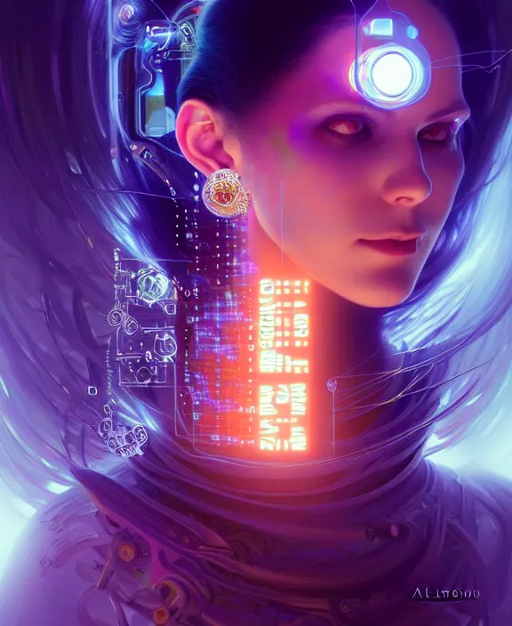 Image similar to a whirlwind of souls rushing inside the metaverse, hologram, half body, neurochip, shaved temple, piercing, jewelry, android, cyborg, cyberpunk face, by loish, d & d, fantasy, intricate, elegant, highly detailed, colorful, digital painting, artstation, concept art, art by artgerm and greg rutkowski and alphonse mucha