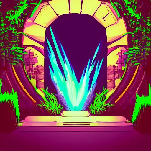 Image similar to a ancient portal to another dimension in the forest, retrowave art, vaporwave, trending on art station