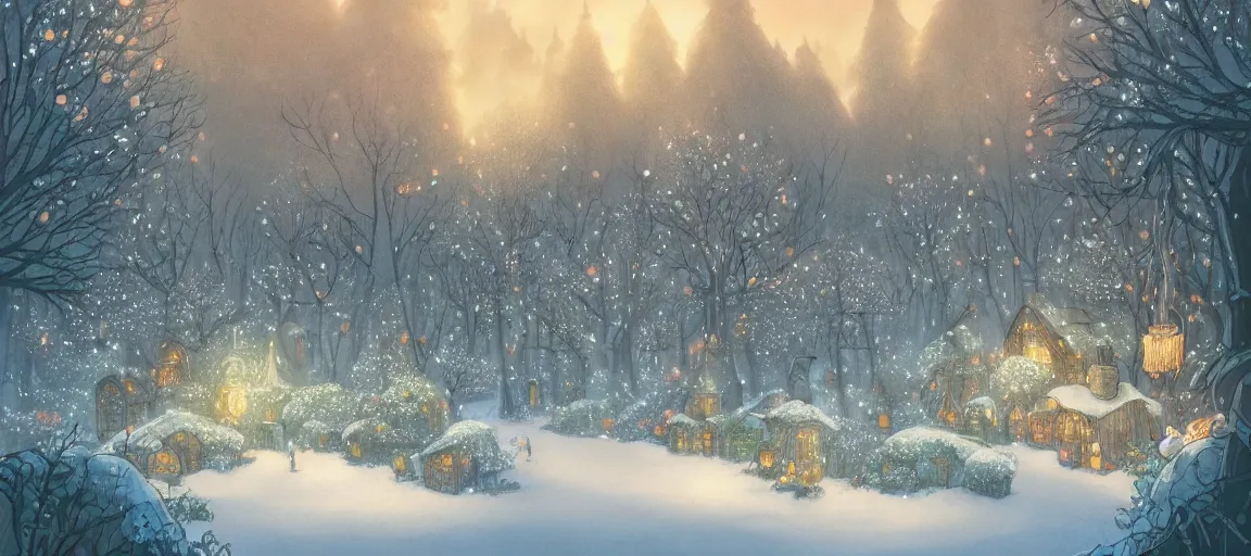 Prompt: Beautiful detailed high quality illustration of an enchanted magical village, beautiful forest on background::early morning mood, glowing snow::art by Ghibli Studio, trending on artstation