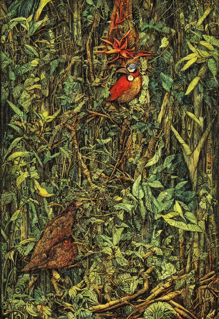 Image similar to a bird in a forrest in the style of patrick woodroffe, masterpiece, fantastic, High quality image