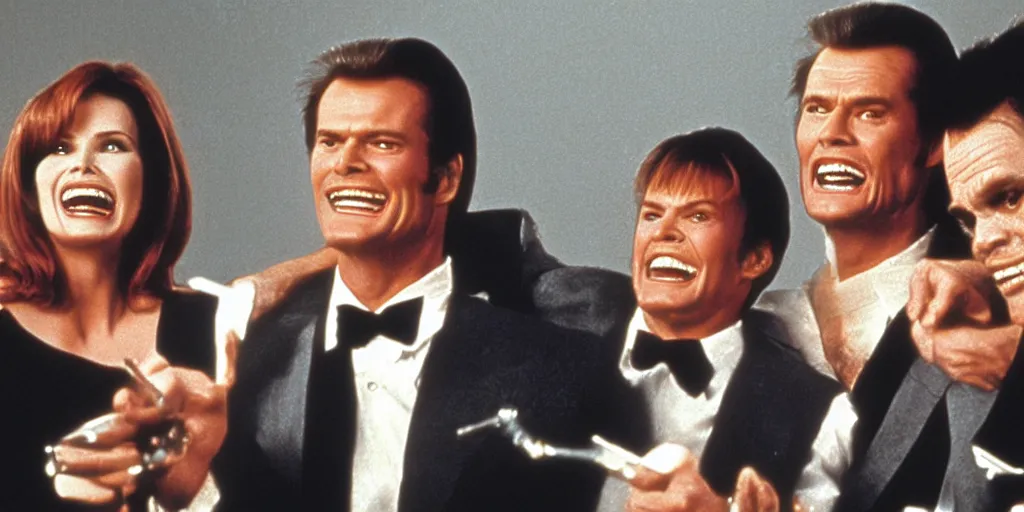 Image similar to still frame of Geena Davis, Roger Moore and Jim Carrey in Pulp Fiction laughing hysterically over a joke