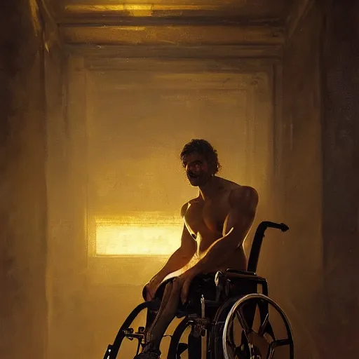 Image similar to handsome portrait of a wheelchair guy fitness posing, radiant light, caustics, war hero, one legged amputee, by gaston bussiere, bayard wu, greg rutkowski, giger, maxim verehin