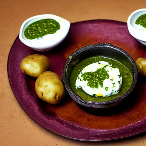Image similar to dslr photograph of potatoes marinated in honey mustard sauce, pureed goat cheese dollops and chimichurri sauce, michelin starred restaurant, food photography